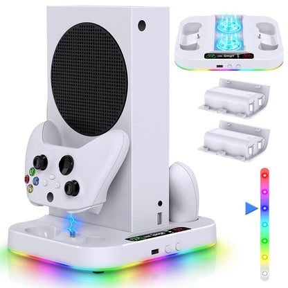 Cooling Fan Stand & RGB Light Strip for Xbox Series S,Dual Charger Station with 2X1400Mah Rechargeable Battery Pack,Charging Dock Accessories for XSS with 15 RGB Light Modes,Usb2.0 Port for Sync,White